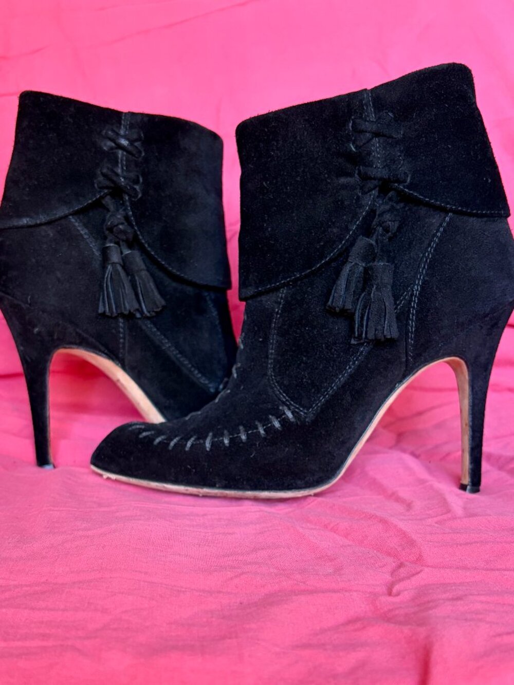 Manolo Blahnik Black Suede Ankle Boots  Tassel High Heel Booties Size 37